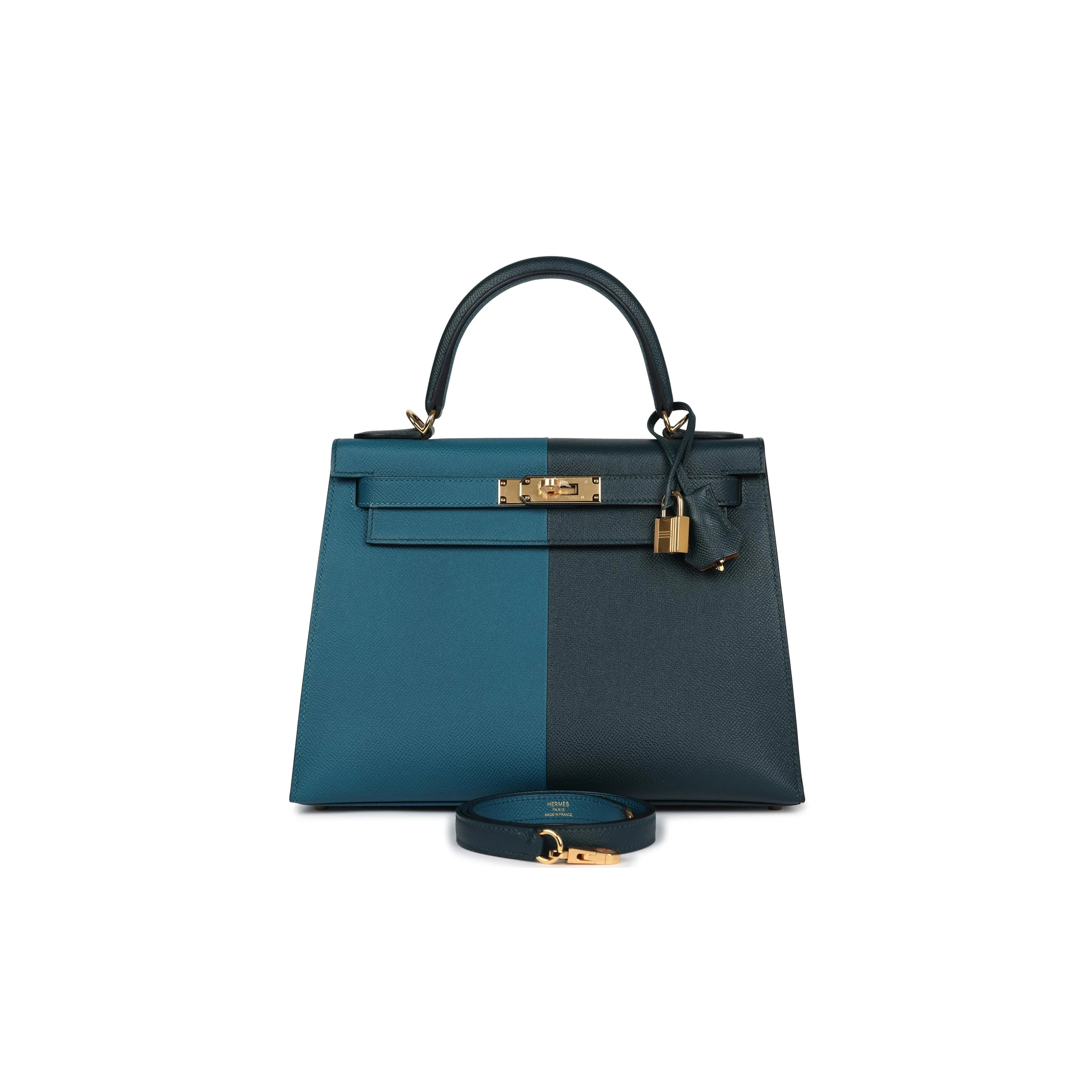 HERMÈS KELLY SELLIER 28 CASAQUE VERT CYPRES AND VERT BOSPHORE EPSOM GOLD HARDWARE (28*22*10cm) 